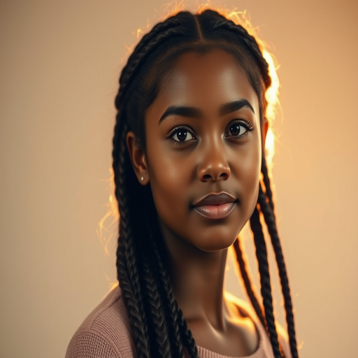 Create a portrait of a young woman with long braided hair, warm golden lighting from behind, soft focus background, 50mm lens, f/1.8 aperture, ISO 200, shot in a studio setting with smooth lighting to enhance the subject's features.