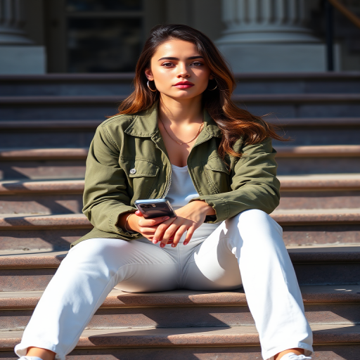 A young woman sitting on steps, casually dressed in an olive green jacket and white pants, holding a phone and cigarette, sunlight casting soft shadows, f/2.8 aperture, 50mm lens, ISO 100, captured with a DSLR camera in natural light for enhanced detail and color vibrancy.