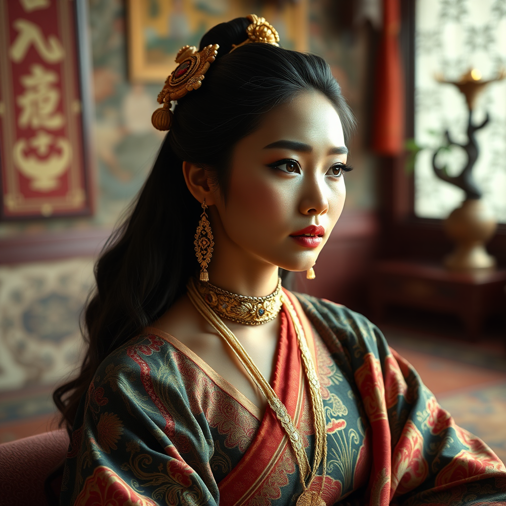 A beautiful Tongan woman in traditional East Asian attire, intricately detailed with embroidered patterns, sitting gracefully in a richly decorated room, soft ambient lighting, serene and elegant, ultra-realistic, 8K resolution