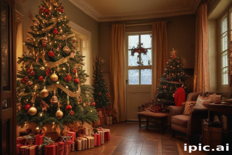 Cozy Living Room Decorated for Christmas with Beautiful Trees and Gifts