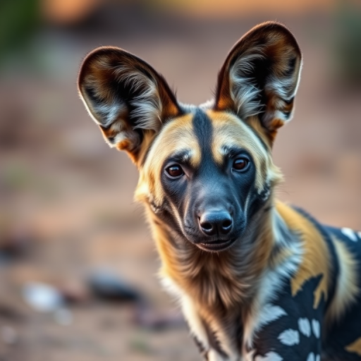 photograph of an African wild dog with distinctive markings, shallow depth of field, soft bokeh background, taken with a Canon EOS R5, 85mm f/1.2 lens, aperture f/1.2, ISO 100, shutter speed 1/200s, natural lighting