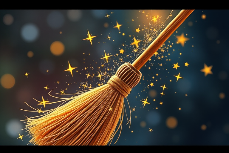 Create a high-resolution illustration of a magic broom sweeping stars and sparkles with a soft-focus background, using a Canon EOS R5, f/2.8 aperture, 50mm lens, and natural light to enhance the vibrant colors and fine details.