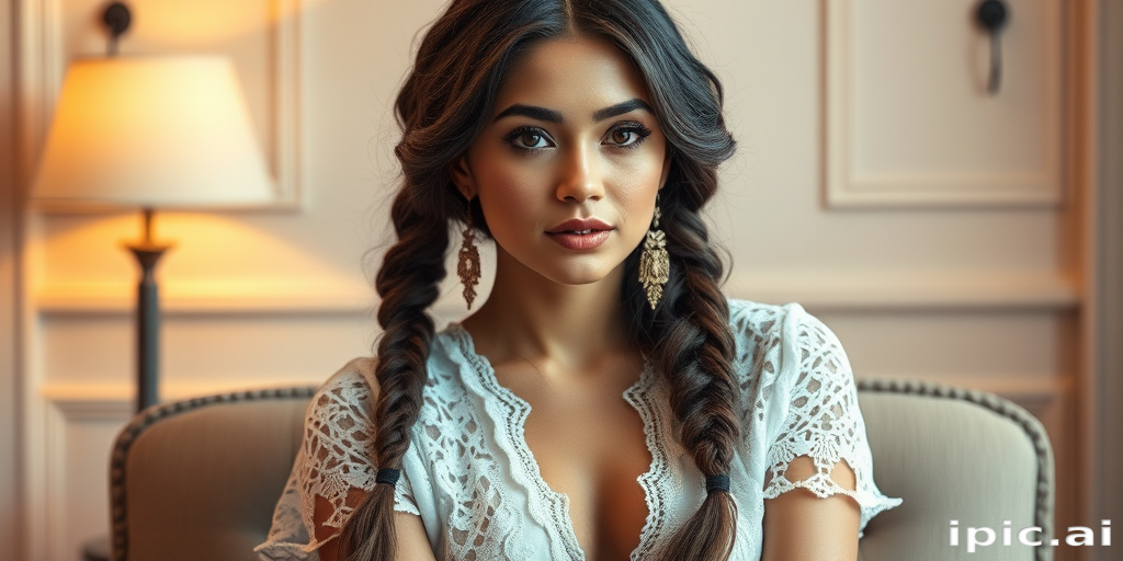 Create a portrait of a refined and elegant woman seated in a sophisticated setting. She has long, wavy hair styled in two thick braids that are pulled over her shoulders. She wears a white, lace gown with intricate patterns, featuring a deep V-neckline and short sleeves. The dress exudes a vintage charm with its delicate lacework. She is adorned with ornate, dangling earrings that add a touch of glamour to her appearance. The background is softly lit, with warm, ambient lighting that creates a cozy and inviting atmosphere. Her expression is poised and serene, capturing a sense of grace and elegance.