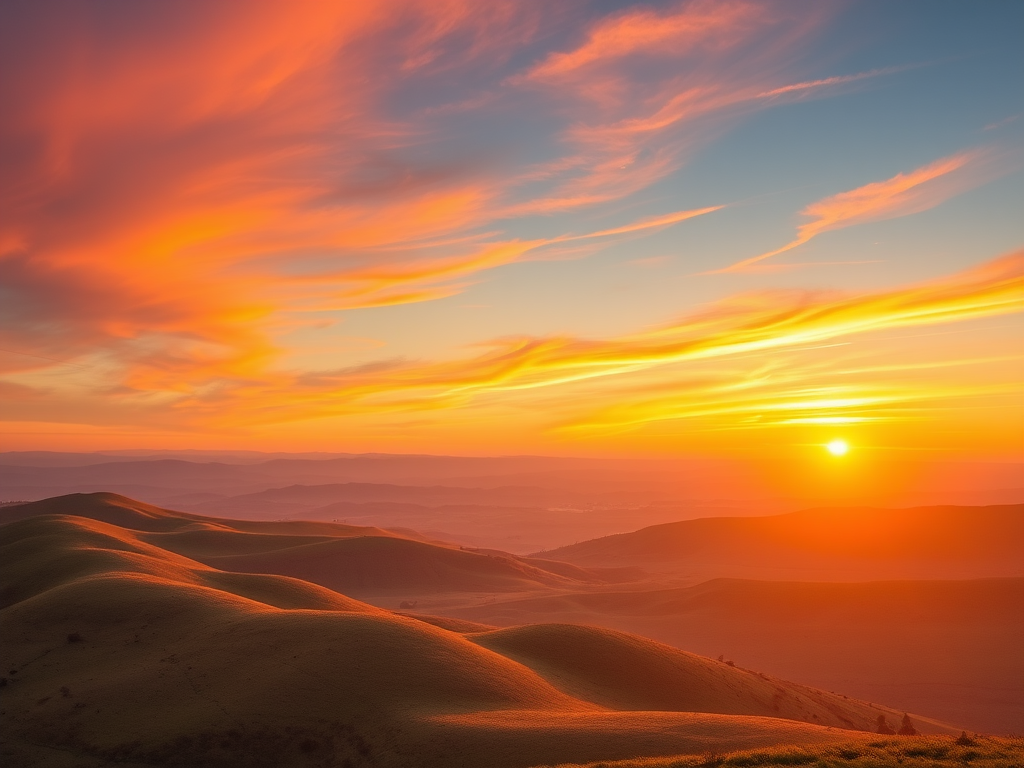 Capture a high-resolution image of a serene landscape featuring rolling hills and a vibrant sunset, using a Canon EOS R5, f/8 aperture, ISO 100, 24mm focal length, shot in RAW format for enhanced detail and clarity.