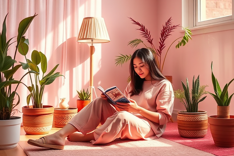 A cozy indoor scene of a person reading a book while sitting on the floor, surrounded by potted plants and a lamp, with a warm color palette featuring soft pinks and yellows, taken with a Canon EOS R5 at f/2.8, ISO 200, 35mm lens, in soft natural light for a bright and inviting atmosphere.