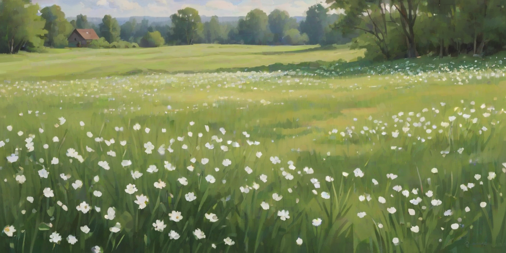 create a serene and lush grassy field with delicate white flowers scattered throughout, using soft brush strokes and a gentle color palette of greens and whites