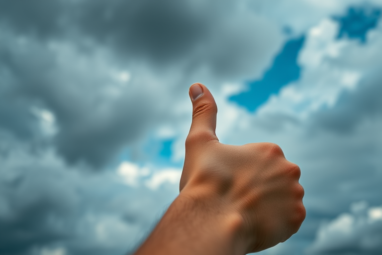 Capture a close-up of a hand giving a thumbs up against a dramatic cloudy sky, using a Canon EOS 5D Mark IV, 50mm lens, aperture f/2.8, ISO 100, shot in natural light for enhanced details and vibrant contrast.