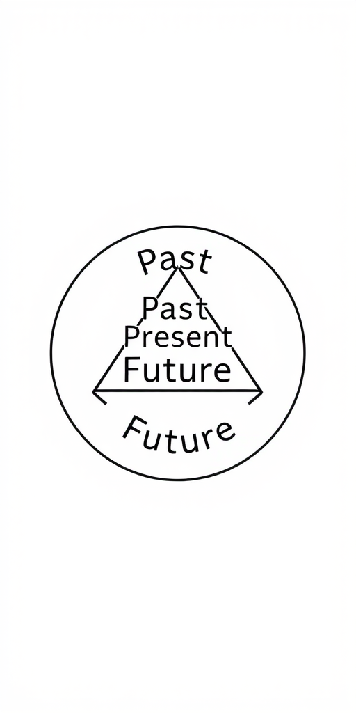 Create a high-resolution graphic of a circular flow diagram featuring the words "Past," "Present," and "Future" arranged in a triangle with arrows connecting them, using a Canon EOS 5D Mark IV with a 50mm f/1.8 lens, aperture set to f/8, ISO 100, and a clean white background for clarity.