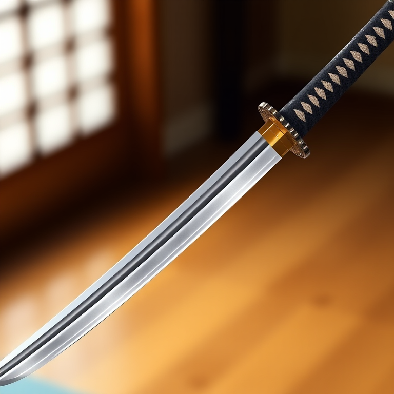 A high-resolution digital illustration of a katana with a sleek, polished blade and a detailed hilt, placed diagonally over a softly blurred background, taken with a Canon EOS R5 at f/2.8, 1/200 sec, ISO 100, natural light, focusing on sharp details and smooth gradients.