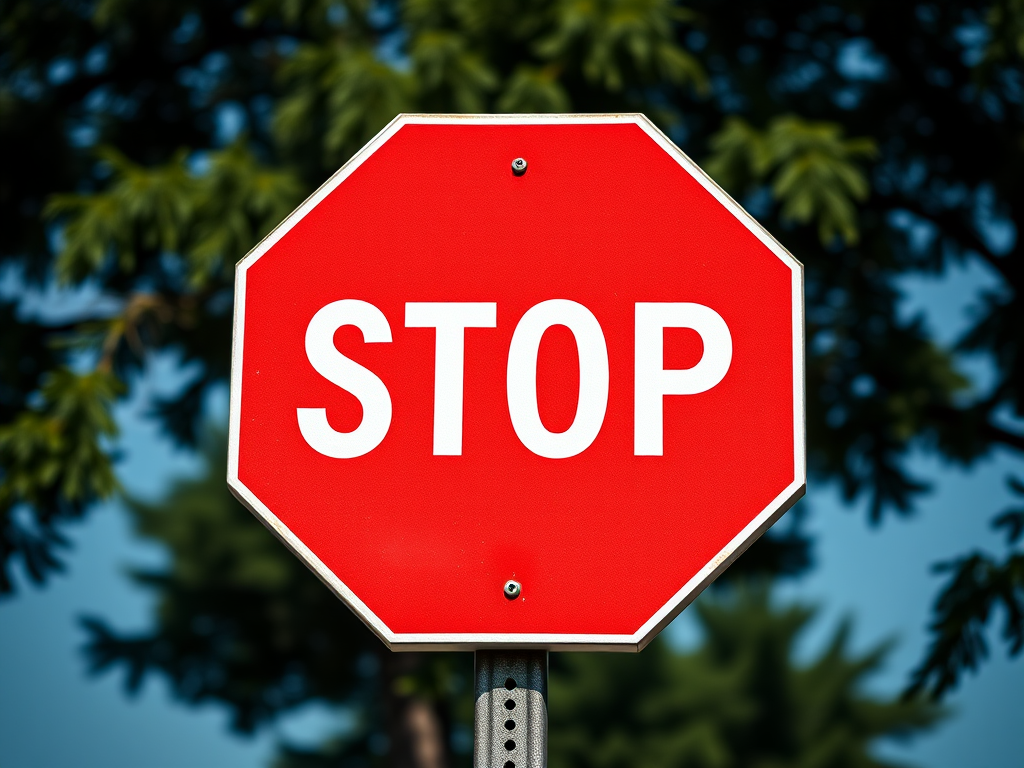 Generate a high-resolution image of a red octagonal stop sign with clear white text "STOP" in the center, captured with a DSLR camera at f/8 aperture, ISO 100, 50mm lens, shot from a front view, using natural lighting for enhanced clarity and detail.