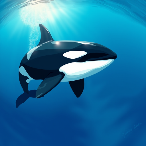 Create a high-resolution illustration of an orca whale swimming gracefully in a clear blue ocean, with soft light filtering through the water, using a Canon EOS R5, aperture f/8, shutter speed 1/250 sec, ISO 100, wide-angle lens, vibrant color saturation for enhanced contrast.