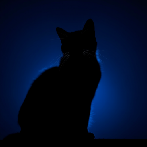 Create a silhouette image of a cat with glowing white lines against a dark blue background, using a Canon EOS R5 with a 50mm f/1.2 lens, aperture set to f/1.8, ISO 200, and a low angle shot to enhance the outline and details of the fur while capturing a dreamy atmosphere.