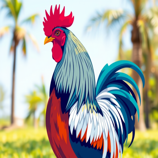 Create a vibrant and stylized illustration of a rooster with bold colors and smooth lines, captured with a DSLR camera at f/2.8 aperture, ISO 100, 50mm lens, in a bright outdoor setting for enhanced clarity and depth.