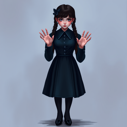 Digital art, full height portrait of Wednesday Addams, standing up with her hands in the air as if in a hold-up. Her dark, gothic attire replaces Alice’s classic blue dress, and she wears black shoes instead of blue. A small, neat black bow adorns her hair, capturing her signature style. The overall composition maintains a whimsical yet eerie tone, similar to Alice in Wonderland, while showcasing Wednesday’s iconic gothic charm.