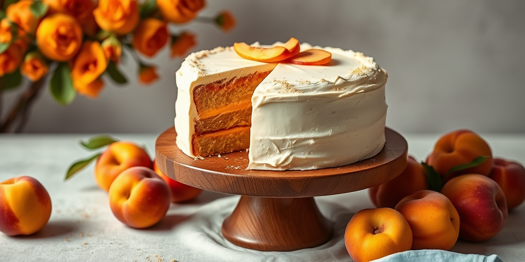 A beautifully decorated cake with layers of peach filling and frosting on a wooden cake stand surrounded by fresh peaches and a soft, neutral background, showcasing a slice removed to reveal the delicious layers inside.