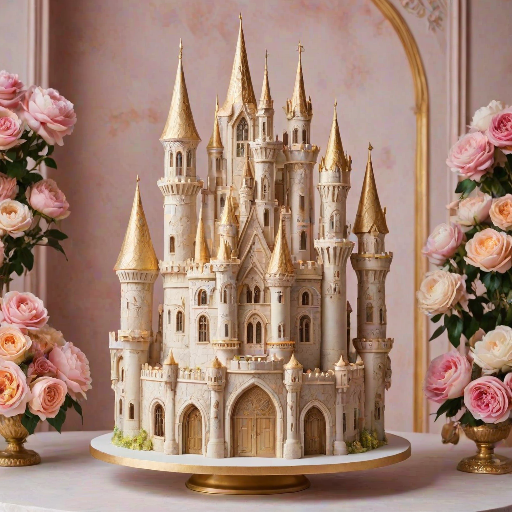 Generate an image of an elaborate multi-tiered cake designed to resemble a grand castle. The cake should feature intricate details, including ornate architectural elements, golden accents, and a variety of colorful flowers such as roses and peonies. The overall aesthetic should be whimsical and elegant, with a soft pastel color palette and a dreamy background.