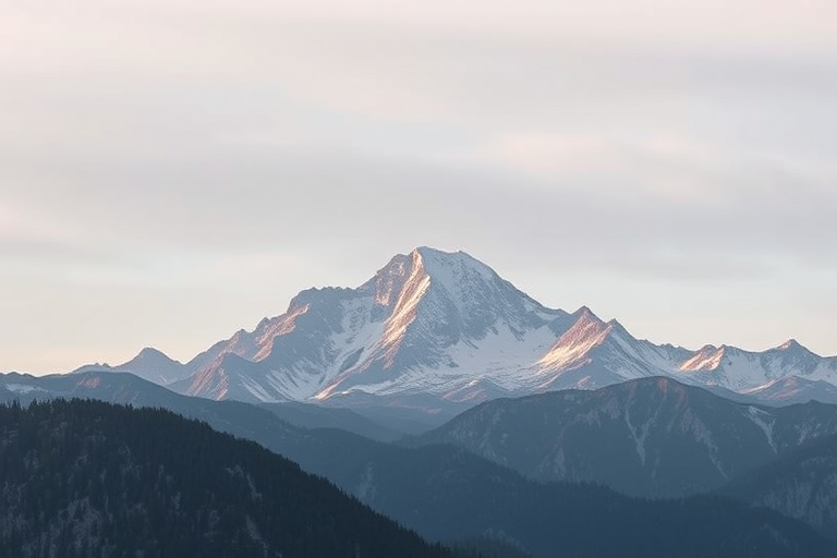 Regenerate the mountain landscape image with a high-resolution camera type DSLR, aperture f/8, ISO 100, focal length 35mm, landscape orientation, soft diffused lighting for a serene atmosphere.