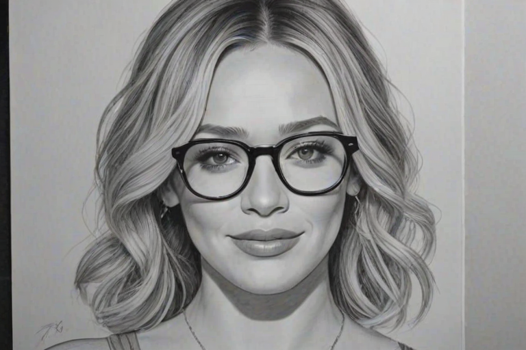 Sublime Hilary Duff, pencil sketch, portrait of Delightful woman 1952s in glasses, hair style beatnik, outline, clear lines, fine lines, 8k