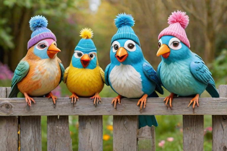 create a scene of 4 quirky  whimsical colourful comical birds each with a funny expression. they are sat on a wooden fence with colourful flowers. they are all different sizes. each one is a different colour  one is wearing a woolly hat. Each one has a different quirky google expression and there is a muted background of trees watercolour paintierly style high definition 8k resolution 3D paper mache