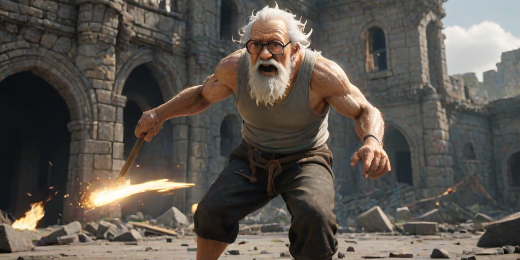 Cartoon 3D High-Resolution,dynamic battle scene using Unreal Engine 5 and Octane Render. The scene features back of an elderly, thai man with a beard,messy hair and round golden-rimmed glasses. He is wearing a tattered tank top with soot marks, shorts, and sandals. sweating. he wields a baseball bat. He jump to fight with a white fire-breathing Europe dragon amidst a partially destroyed stone castle. Include intense flames, smoke, and debris to enhance the dramatic effect.