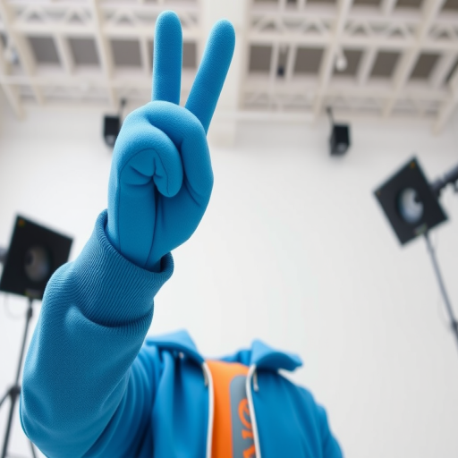 Generate a high-quality image of a 3D character with a blue foam finger raised in the air, using a Canon EOS R5 with a 24-70mm f/2.8 lens at f/4, ISO 100, and a focal length of 50mm, viewed from a low angle to emphasize the character's gesture in a bright, clean studio setting.