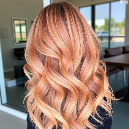 Rose gold balayage on long beachy waves, Blushing Sands style, blending warm pink tones with golden blonde for a romantic, sun-kissed effect