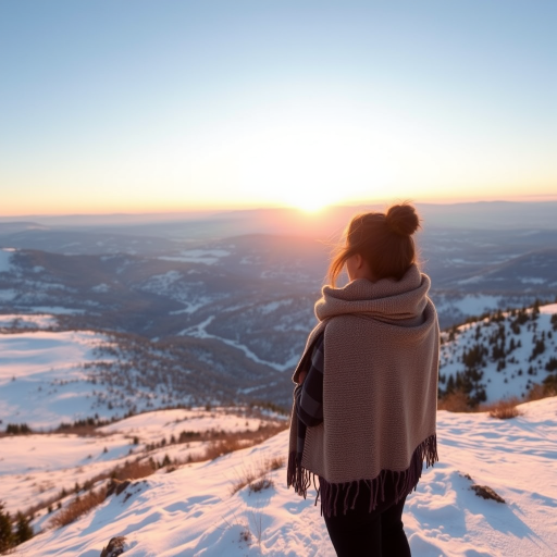 Sunrise over a snow-covered valley, the first light of day reflecting off the pristine white landscape, a woman stands on a hilltop, bundled in a scarf, taking in the breathtaking view.