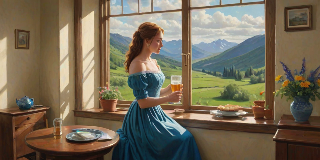 In "A Glass of Beer on the Highland," a serene scene is depicted in a sunlit room where a woman in a vibrant blue dress stands by a large window. She holds a tray with a hearty meal and a frothy glass of beer, embodying a moment of relaxation. Outside, the breathtaking highland landscape features rolling green hills and a charming traditional house, all bathed in warm afternoon light. The interior is adorned with potted plants, creating a harmonious blend of comfort and nature. The painting beautifully captures the tranquility and joy found in simple pleasures amidst stunning scenery
