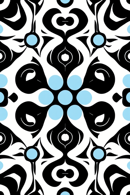 create a symmetrical pattern of swirling black and white shapes interspersed with light blue circles in a seamless repeat design, use a Canon EOS 5D Mark IV with a 50mm lens, aperture f/8, ISO 100, set in natural daylight to enhance contrast and detail