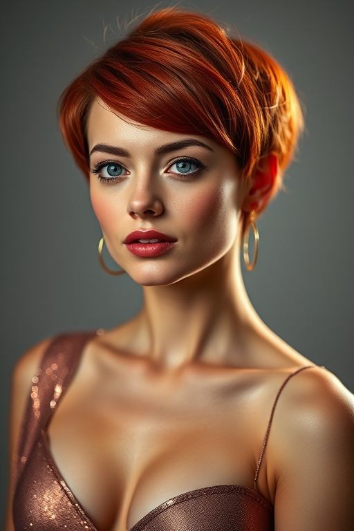 Portrait of a young woman with stylish short red hair and a glamorous outfit, studio lighting, ISO 100, f/2.8, 1/125s, Canon EOS R5, 85mm lens, high-key lighting, soft focus.