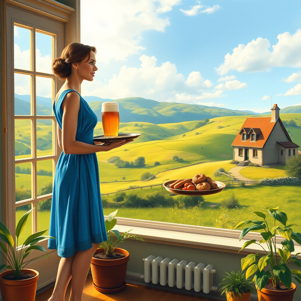 In "A Glass of Beer on the Highland," a serene scene is depicted in a sunlit room where a woman in a vibrant blue dress stands by a large window. She holds a tray with a hearty meal and a frothy glass of beer, embodying a moment of relaxation. Outside, the breathtaking highland landscape features rolling green hills and a charming traditional house, all bathed in warm afternoon light. The interior is adorned with potted plants, creating a harmonious blend of comfort and nature. The painting beautifully captures the tranquility and joy found in simple pleasures amidst stunning scenery