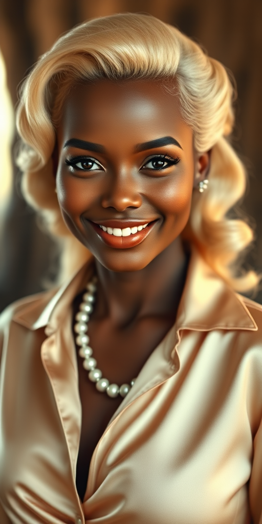 A beautiful Zulu woman reminiscent of 1950s Hollywood glamour, with perfectly styled blonde hair and a seductive smile, dressed in a satin blouse and adorned with pearls, soft and warm tones, photorealistic, 8K