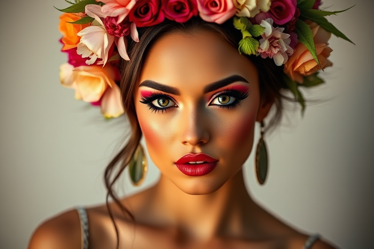 portrait of a woman with dramatic makeup and floral hair accessories, vibrant colors, soft lighting, 85mm lens, f/1.4 aperture, 1/125 sec shutter speed, shallow depth of field, studio photography setup