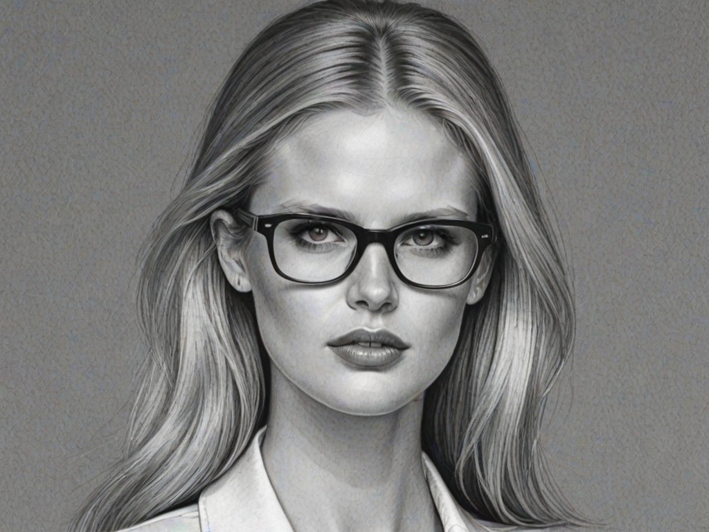 Stunning Lara Stone, pencil sketch, portrait of Fascinating woman 1974s in glasses, hair style beatnik, outline, clear lines, fine lines, 8k