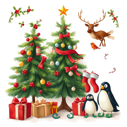 Create a festive holiday-themed illustration featuring a Christmas tree, holly with berries, a reindeer, birds in winter attire, Christmas stockings, a gift box, a penguin, and elf shoes, captured with a DSLR camera at f/2.8, ISO 100, 50mm lens, in soft natural light for a warm, inviting look.