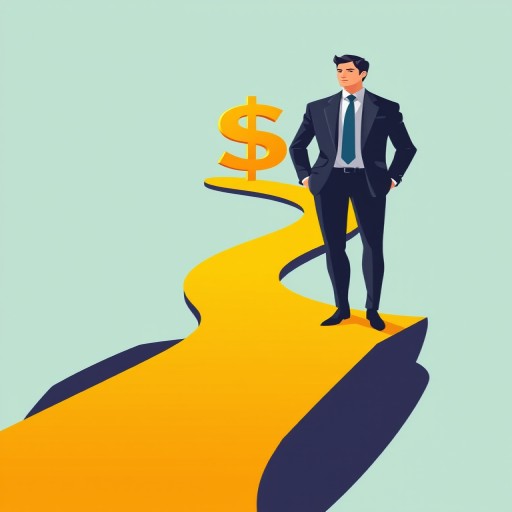 Create a vector-style illustration of a businessman in a suit standing on a winding golden pathway leading to a money symbol, use a clean, minimalistic background with a light teal color, set the camera to 50mm lens, f/8 aperture for sharpness, and a slight vignetting effect for depth.