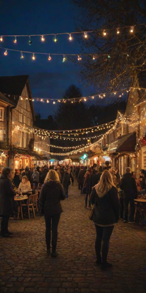 Picturesque village square adorned with fairy lights, people enjoying a community event, musicians playing live, and the smell of delicious food wafting through the air, creating a festive atmosphere.