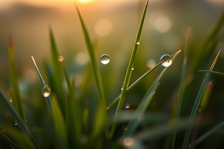 close-up of soft focus grass with dew drops at dawn, aperture f/2.8, shutter speed 1/100s, ISO 200, macro lens, natural light, shallow depth of field