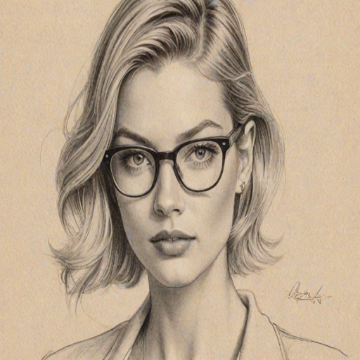 Attractive Martha Hunt, pencil sketch, portrait of Wonderful woman 1934s in glasses, hair style beatnik, outline, clear lines, fine lines, 8k