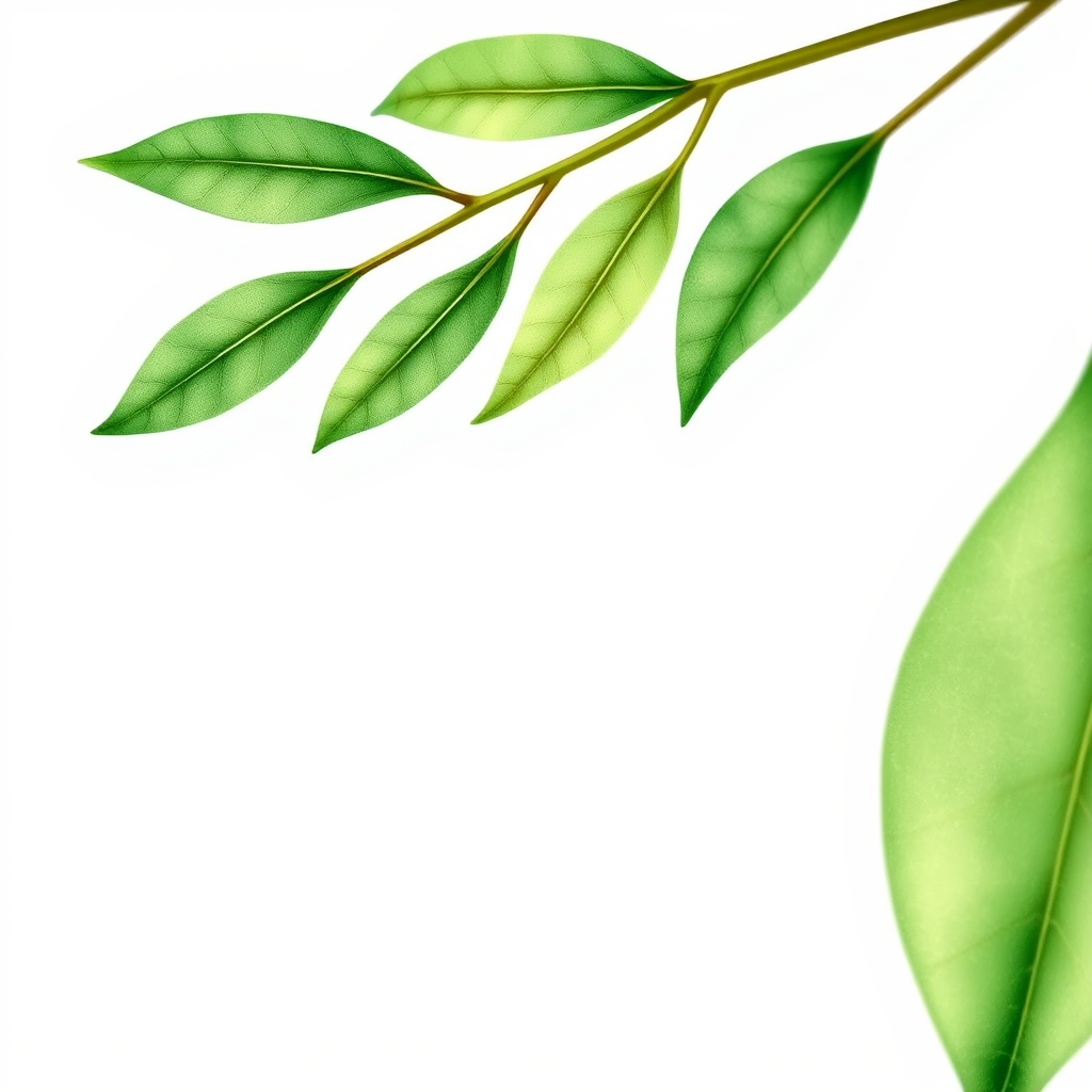 Create a high-resolution watercolor illustration of a green leaf branch on a white background, using a macro lens, f/2.8 aperture, soft lighting, and a DSLR camera to enhance image clarity and detail.