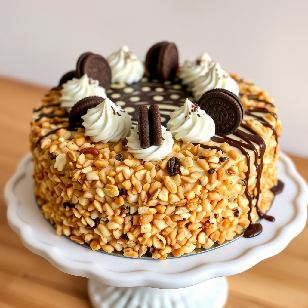 A beautifully decorated cake covered in chopped nuts with swirls of whipped cream on top and chocolate drizzle, garnished with cookies and a rich chocolate layer, displayed on a decorative white cake stand.