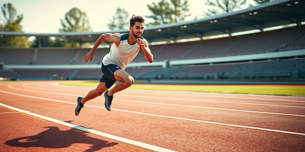 high-speed photograph of a male athlete sprinting on a track, using a 50mm lens at f/2.8, ISO 400, shutter speed 1/1000s, dynamic low-angle view, natural lighting, captured with a DSLR camera