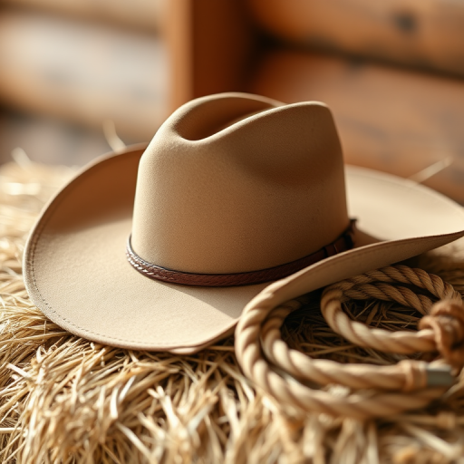 A rustic cowboy hat resting on a bundle of hay with lasso coiled beside it, captured in natural light, f/2.8 aperture, ISO 100, 50mm lens, shallow depth of field, soft focus background, DSLR camera.