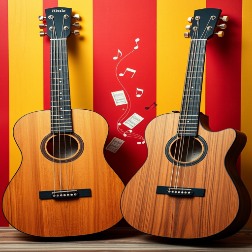 create an image of two wooden guitars side by side with musical notes flowing between them, set in a colorful background with red, yellow, and green vertical stripes, using a DSLR camera, f/2.8 aperture, 1/200 sec shutter speed, ISO 100, from a slightly high angle view to enhance depth and detail