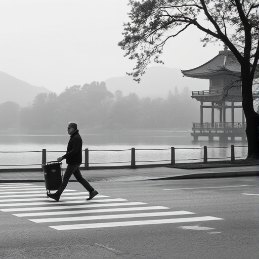 a black and white photograph of a person walking with a trash bin across a crosswalk near a lake, with trees and a pagoda in the background and a misty atmosphere