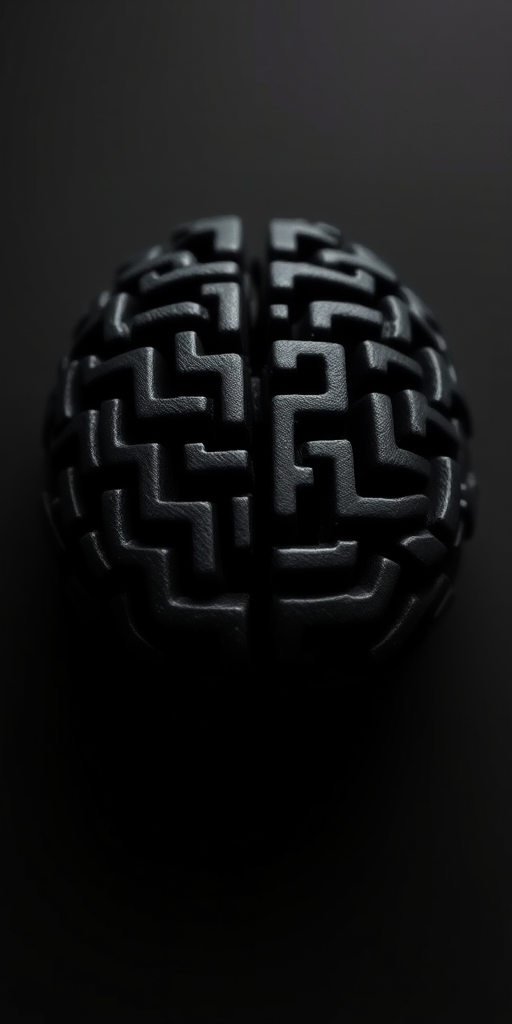 Create a highly detailed black maze shaped like a brain, using a macro lens with a shallow depth of field, focal length of 85mm, aperture set to f/2.8, and ISO 100, in a studio lighting setup to enhance contrast and detail.