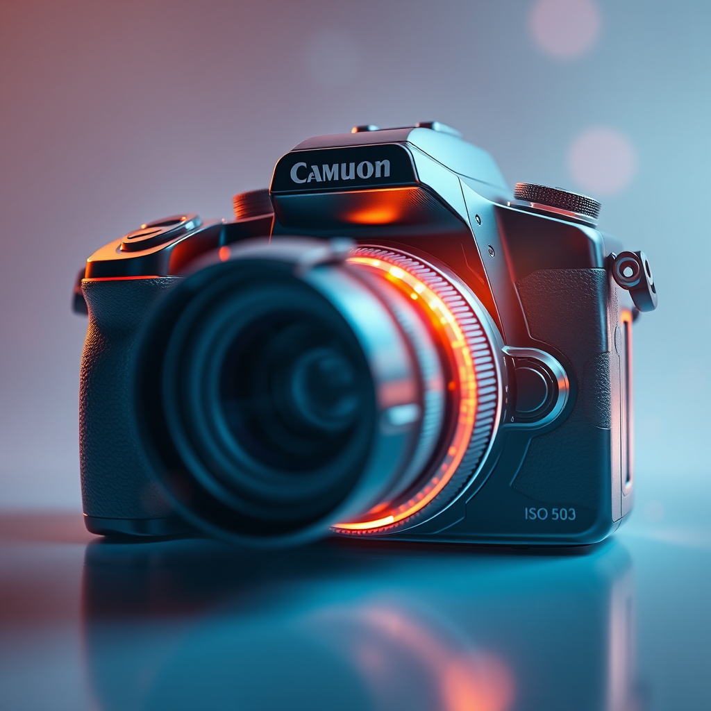 Create a high-resolution abstract digital rendering of a DSLR camera with a sleek, glowing design, camera settings ISO 100, aperture f/2.8, shutter speed 1/60s, shot from a low angle to emphasize depth, using a soft focus lens effect for a dreamy atmosphere.