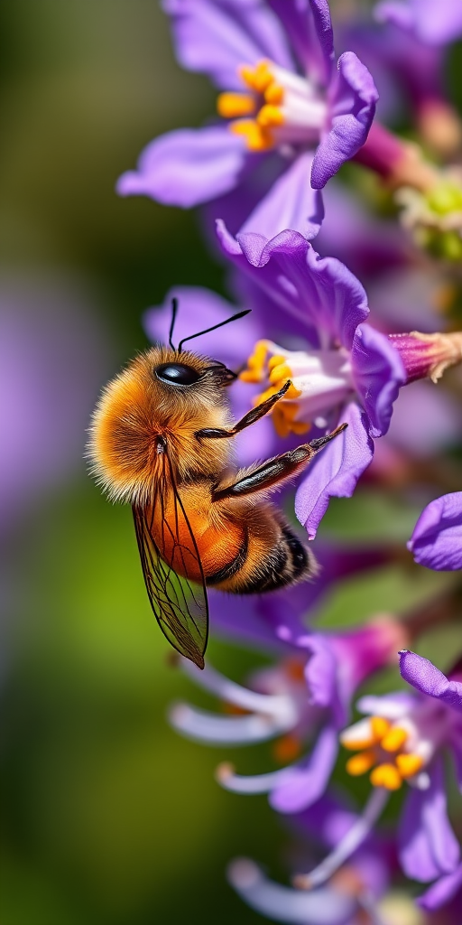 Close-up of a bee collecting pollen from vibrant purple flowers, shallow depth of field, f/2.8 aperture, 1/500 shutter speed, ISO 200, macro lens, natural sunlight.