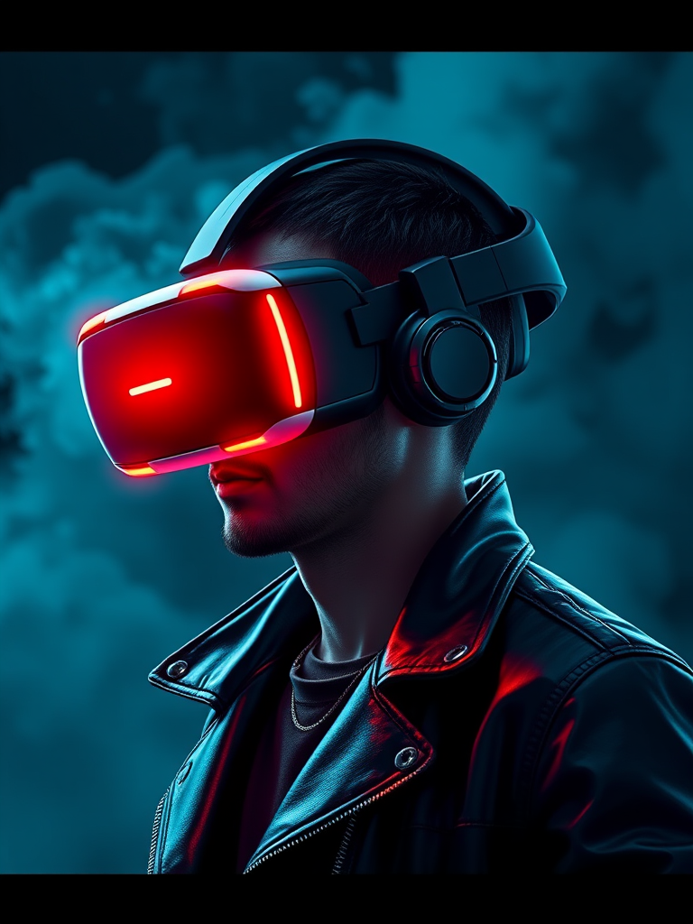 Create a highly detailed digital illustration of a figure wearing a futuristic VR headset with a glowing red display, dressed in a black leather jacket, set against a smoky blue background, captured with a DSLR camera at f/2.8 aperture, ISO 100, 45mm focal length, with a shallow depth of field to emphasize the figure and create a cinematic feel.