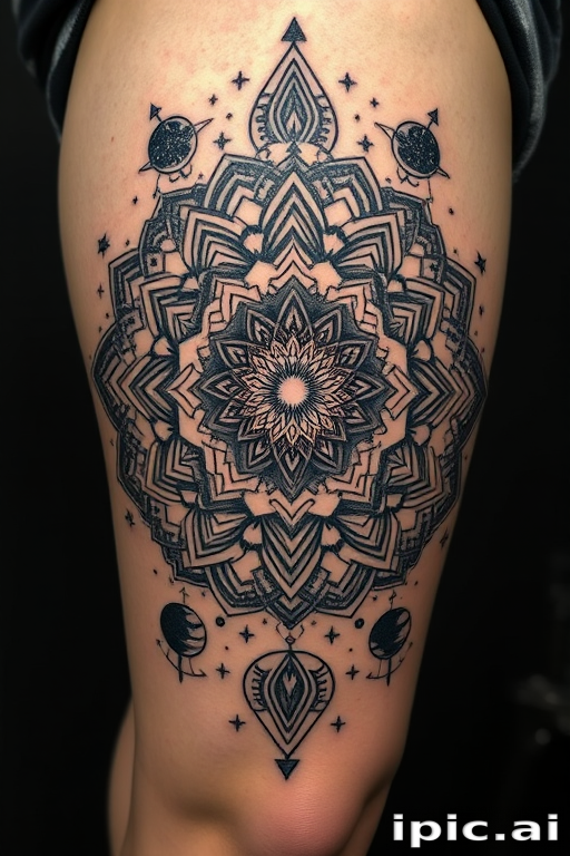 Surrealist blackwork tattoo called "Dreamweaver's Vision" featuring intricate mandala patterns morphing into cosmic imagery with stars and planets, creating a mesmerizing optical illusion on the thigh